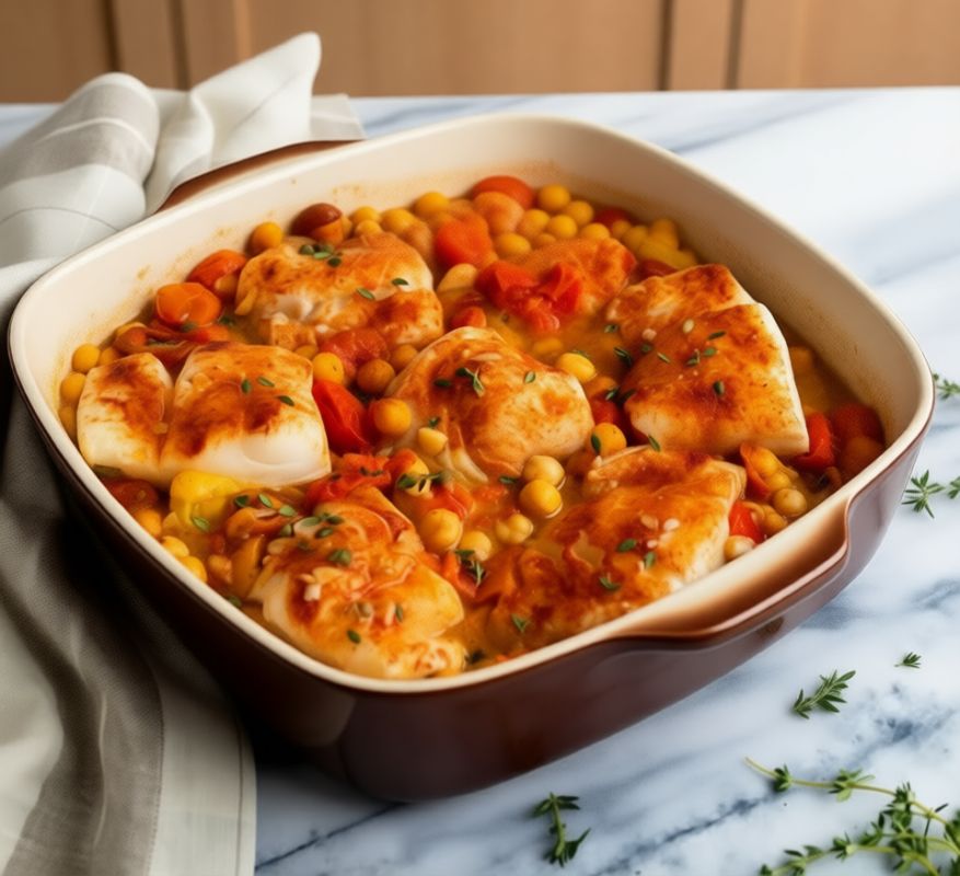 Восхитительная запеченная треска с помидорами и нутом